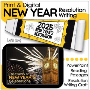 New Year's resolution writing activities and craft for kids to set new learning goals.