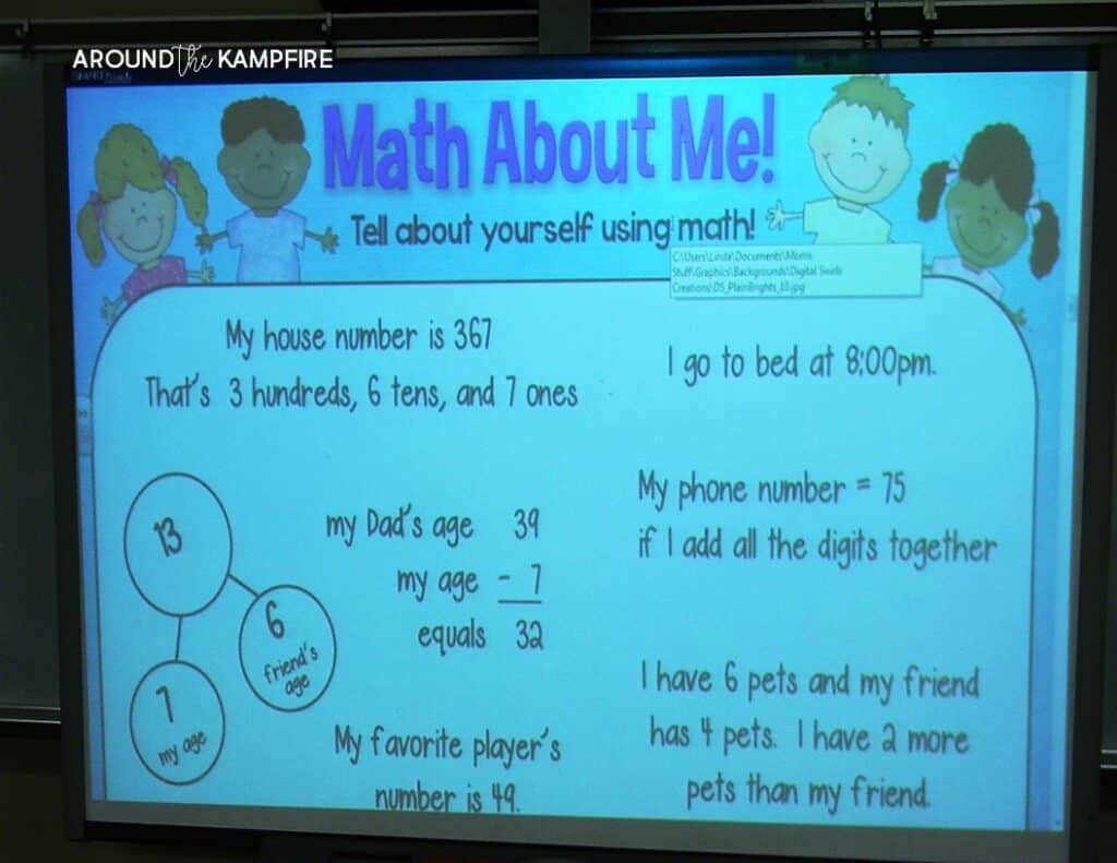 Math About Me, a perfect back to school activity for getting to know you through math! Students complete a math autobiography page then use the information to describe themselves using math! Such a fun, first week of school activity or as a family math night craft and bulletin board.