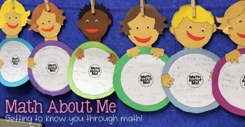 Math About Me, a perfect back to school activity for getting to know you through math! Students complete a math autobiography page then use the information to describe themselves using math! Such a fun, first week of school activity or as a family math night craft and bulletin board.
