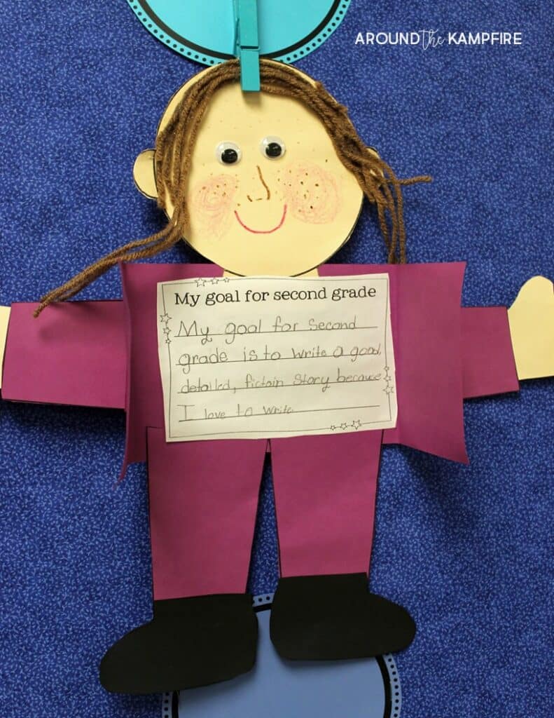 Math About Me and Goal Setting Fun- A fun goal setting craft for kids to make during back to school, in January for a new year, or any time. Students make a boy or girl that looks like them, then write their goal for the new school year inside. We make these the first week of school, display them all year, and revisit our goals at the end of the year. A perfect first week of school activity for 1st , 2nd, or 3rd grade!