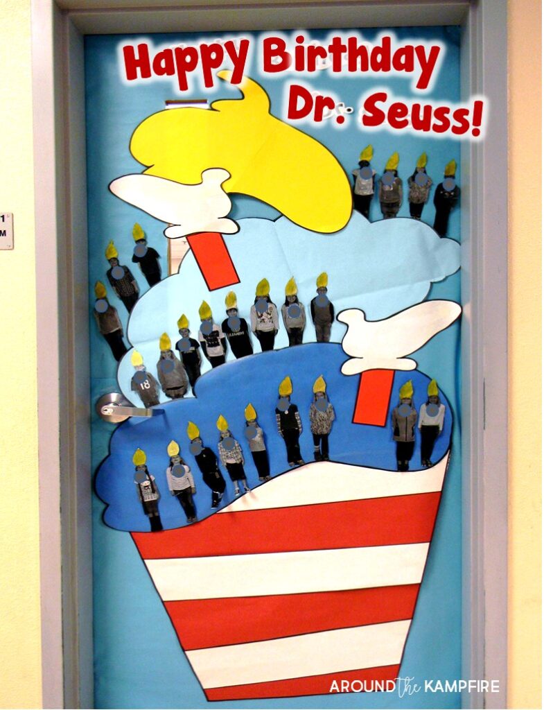 Literacy Week door decoration idea~ We made a giant Seuss-style birthday cupcake and used student pictures wearing tissue paper flame hats as human candles!