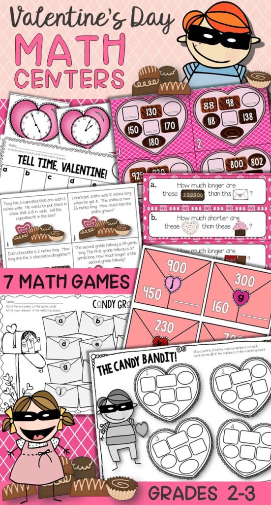 Valentine's Day math games for 2nd and 3rd grade with 7 games and task cards for February math practice.