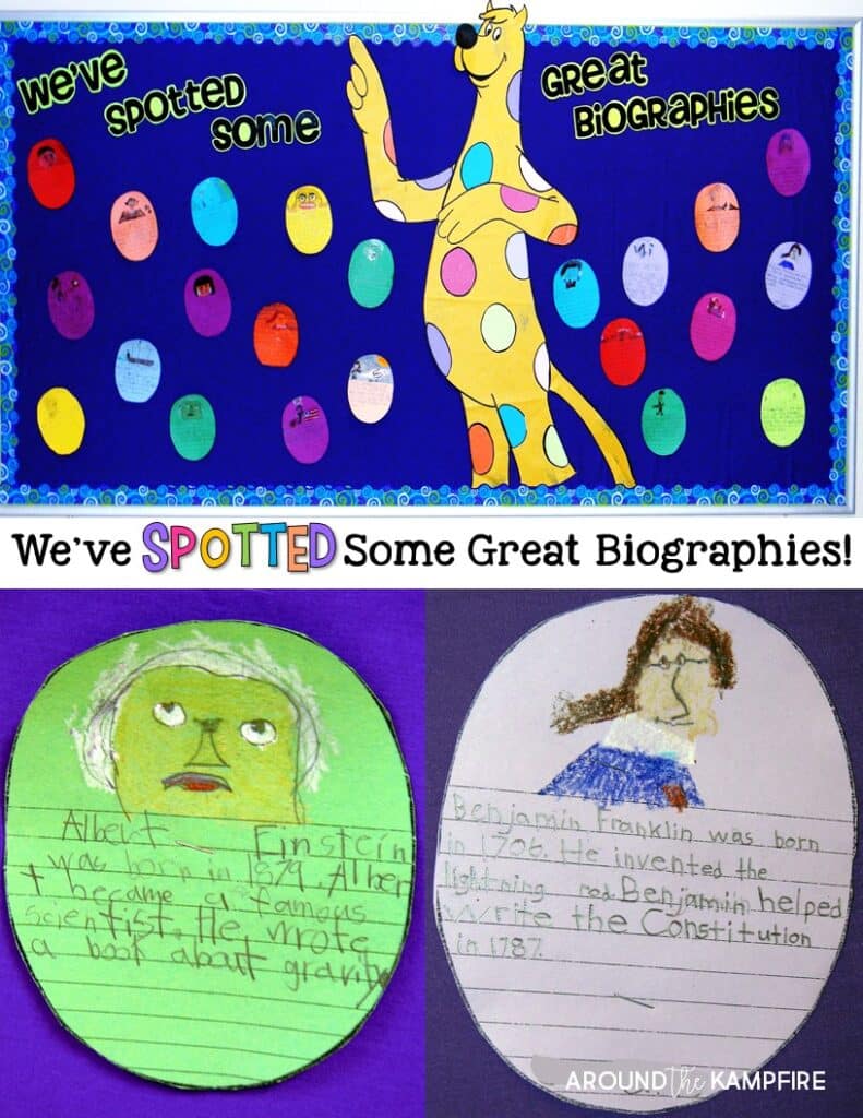 Literacy Week ideas for a fun bulletin board- We've Spotted Some Great Biographies based on Put Me in the Zoo by Robert Lopshire. Students summarized biographies on these biography spots.