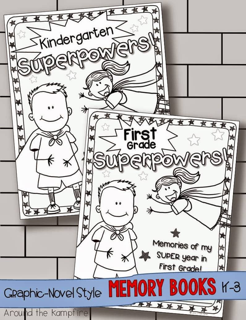 Superhero memory books for Kindergarten and First grade. These unique end of year memory books include lots of fun pages for a year's worth of learning and memories. Plus activity pages for writing about the power of kindness, respect, our words, friendship and laughter. A great addition to your end of the year or last week of school activities!