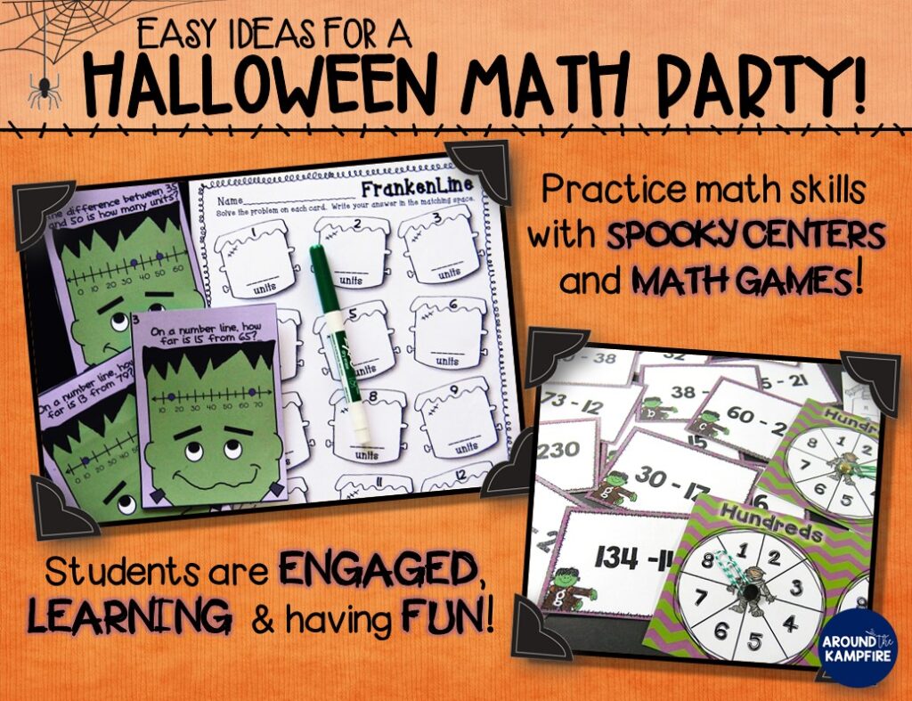 Try these easy ideas for a Halloween math party perfect for 2nd and 3rd grade! We practiced second and third grade math skills with pumpkins, spooky math center activities, and candy as place value manipulatives. #halloween #math #2ndgrade #3rdgrade