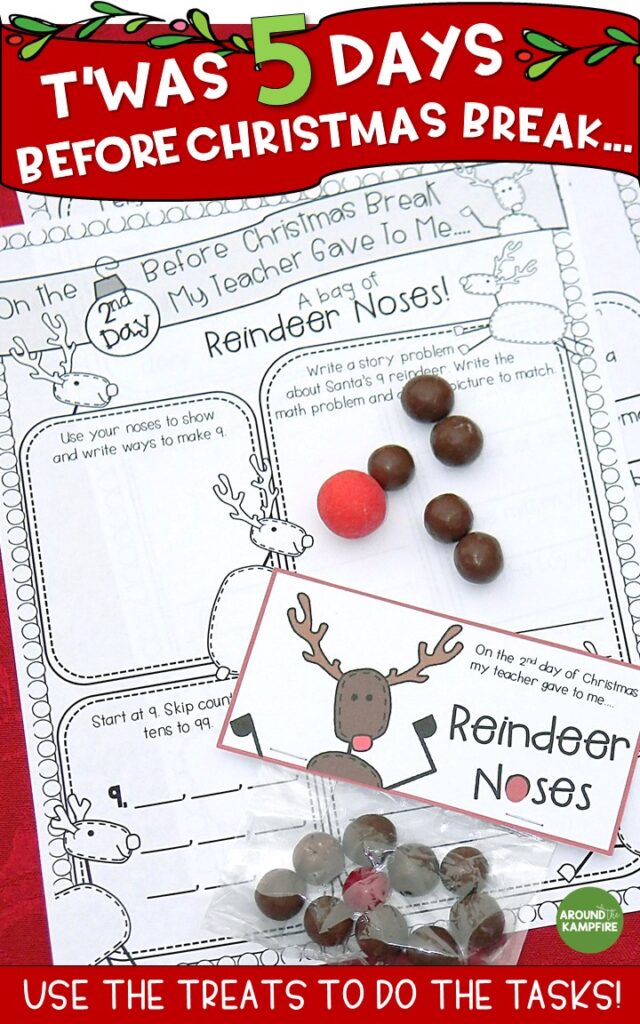 Need something to keep your first or second graders engaged and still learning that last CraZy week before Christmas or Winter Break? See how I made a Christmas break countdown anchor chart and surprised my students with simple daily gift/treats each day. They use the treats to do the tasks! Worked like a charm! they love reindeer noses! Ideal for the last week before break in 1st and 2nd grade. #firstgrade #secondgrade