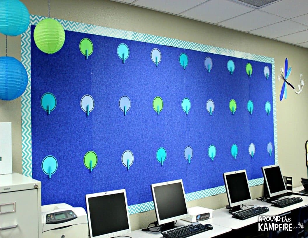 Blue classroom decor- student work bulletin board