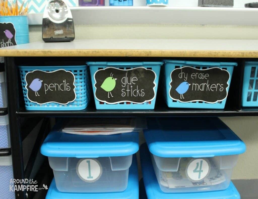 Blue classroom decor supply labels for organizing classroom supplies