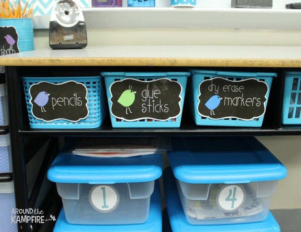 Blue classroom decor: supply labels/ organization