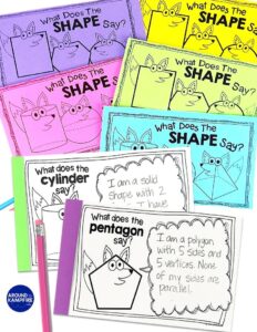 Attributes of 2D and 3D shapes worksheets booklets. What does the Shape say?