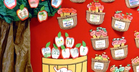 apples, apple tree and fall themed bulletin board at an elementary school