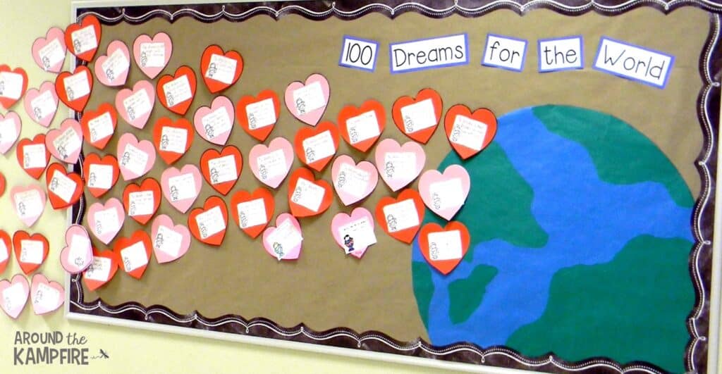 Free MLK, Valentine's Day & 100th Day of School bulletin board-100 Dreams for the World
