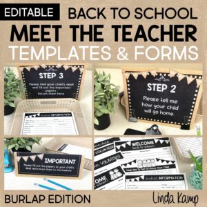 Meet the Teacher templates and forms in chalk and burlap theme