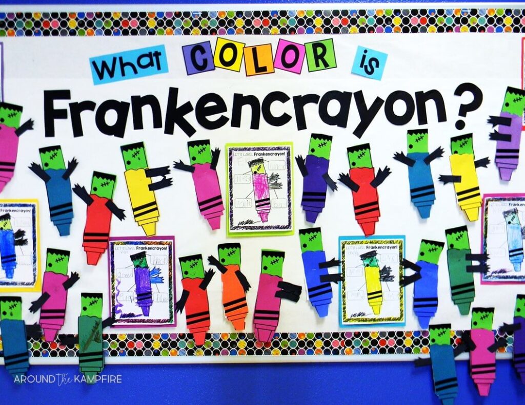Halloween bulletin board idea using Frankencrayon color words