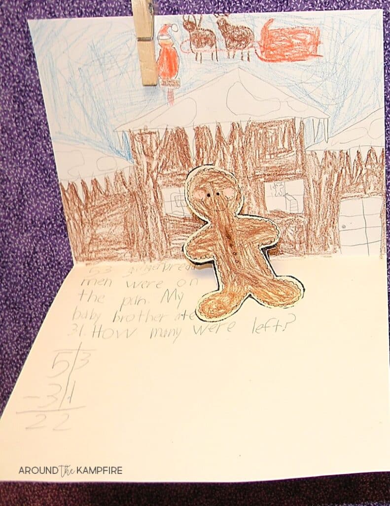 Gingerbread math activities for first and second grade. Students make pop-up cards then write, solve, and illustrate gingerbread man themed word problems. Ideal for December math lessons for 1st and 2nd graders. Directions for making a pop-up card included in the post.