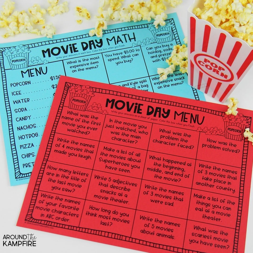 FREE movie day menus that make movie day educational! Ideal for 2nd and 3rd graders to do math and ELA tasks based on a movie.