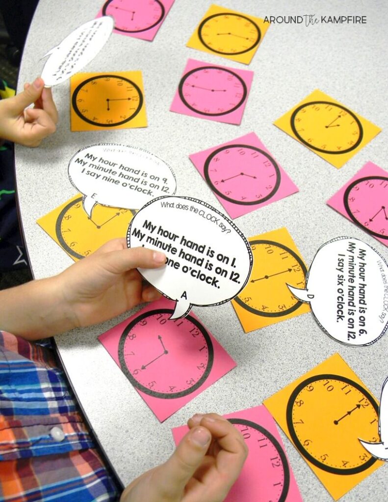 These hands-on ideas and telling time activities for first, second, and even third graders make what can sometimes be a daunting task easy and fun! Students read and write the time with high engagement games and lessons centered around a popular song and telling time anchor chart. Ideal for teaching 1st, 2nd, and 3rd graders to tell time to the hour/half hour, quarter hour and to the minute. This post also includes a FREE telling time game for kids! Pictured is a variation on "I Have, Who Has?"