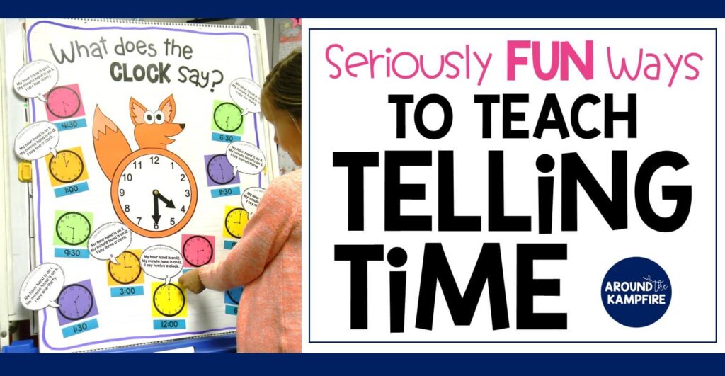 Fun activities that teach telling time to first, second, and even third graders. These hands-on activities make what can sometimes be a daunting task easy and fun! Students read and write the time with high engagement games and lessons centered around a popular song and telling time anchor chart. Ideal for teaching 1st, 2nd, and 3rd graders to tell time to the hour/half hour, quarter hour and to the minute. This post also includes a FREE telling time game for kids!