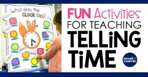 Fun activities that teach telling time to first, second, and even third graders. These hands-on activities make what can sometimes be a daunting task easy and fun! Students read and write the time with high engagement games and lessons centered around a popular song and telling time anchor chart. Ideal for teaching 1st, 2nd, and 3rd graders to tell time to the hour/half hour, quarter hour and to the minute. This post also includes a FREE telling time game for kids!