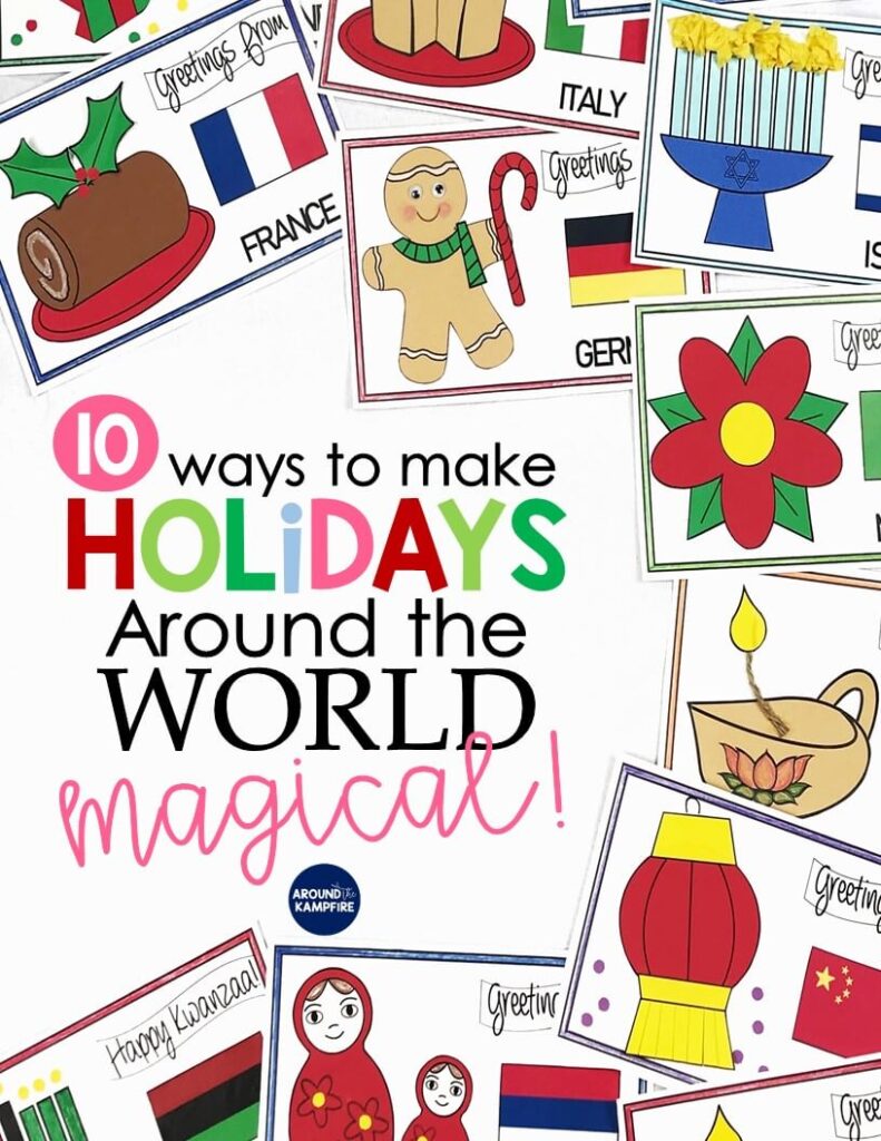 Teaching ideas that make Holidays Around the World magical for your students! Teachers, this post is a must read before you make December lesson plans and Christmas activities. High engagement ideas and crafts for 2nd and 3rd grade to learn about different cultures and traditions at Christmas around the world. Download the FREE activities to add to your holidays unit while you’re there!