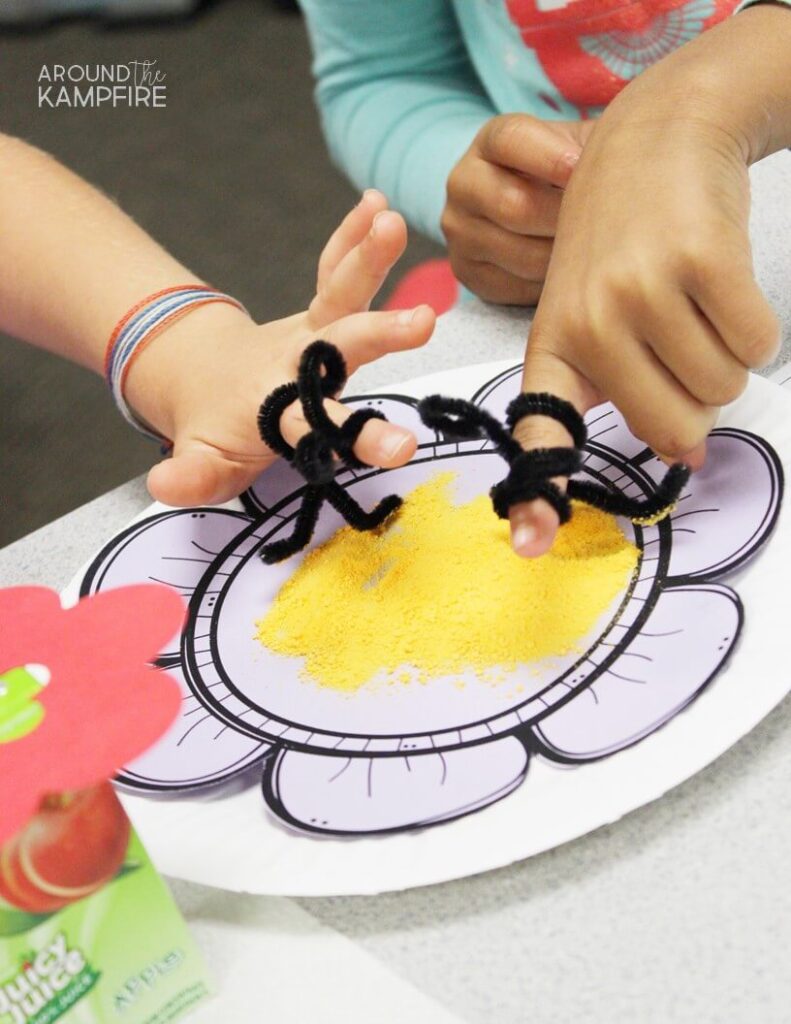 Fun pollination science activity using macaroni & cheese powder and juice boxes for first, 2nd and 3rd grade students learning about the butterfly life cycle.