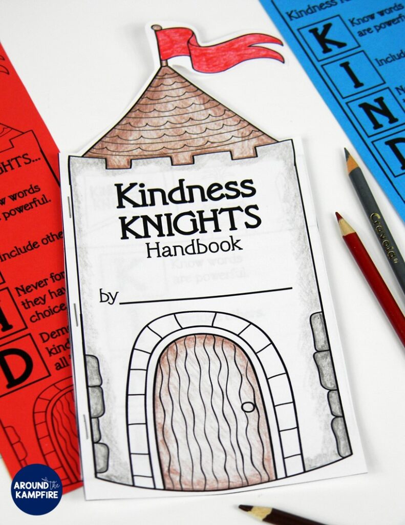 Kindness Knights castle shaped booklet next to colored pencils.