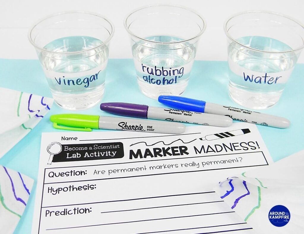 Sharpie pens lab sheet and cups of solution for science experiment