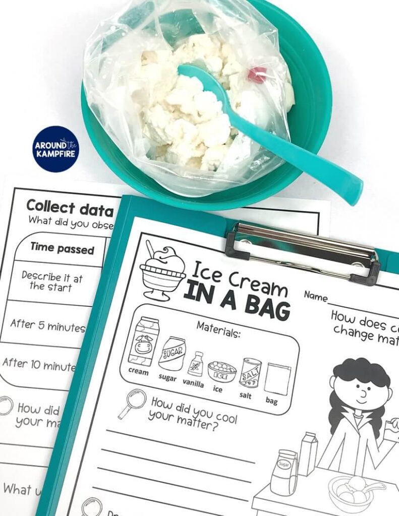 Ice cream in a bag science experiment with student lab sheet