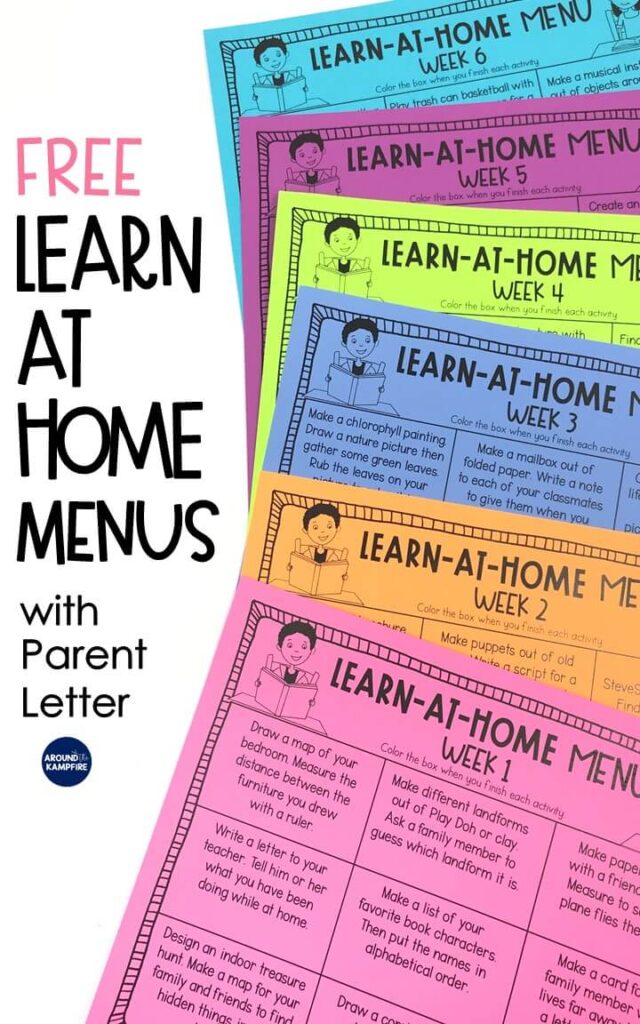 FREE Learn At Home Menus with parent letter