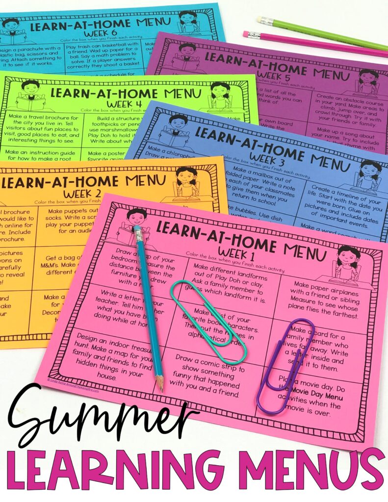 end of year activities for distance learning SUMMER AT HOME LEARNING MENUS