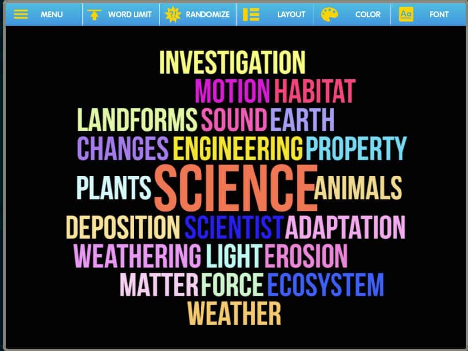 ABCya word cloud using 2nd grade science vocabulary words