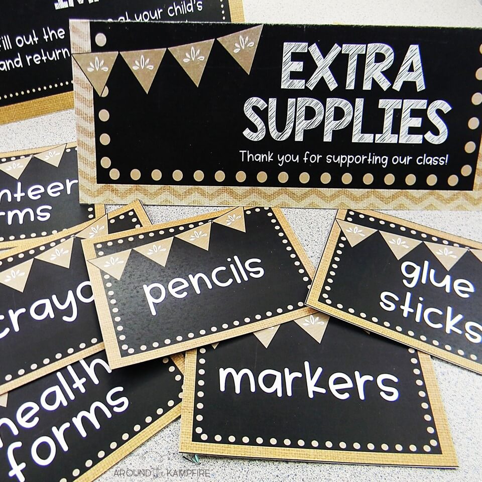 Burlap and chalkboard school supply labels