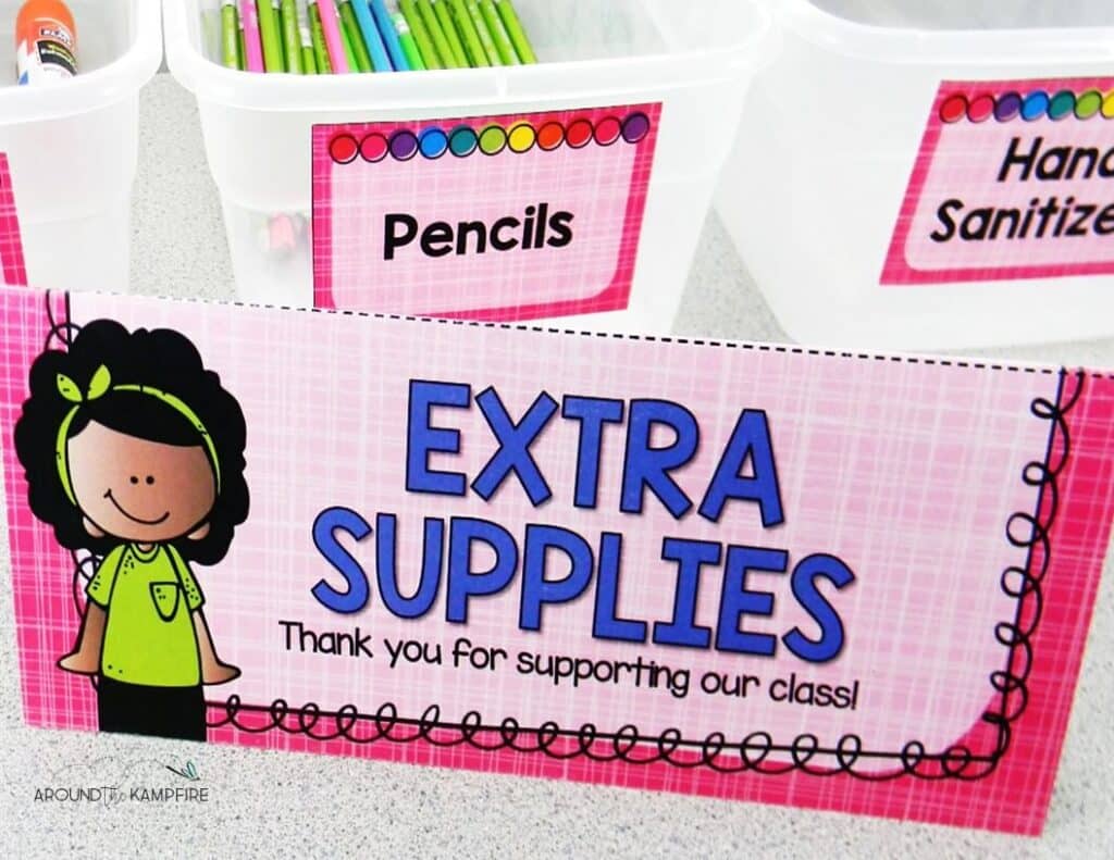 Supply organization labels and bins for Meet the Teacher Night open house