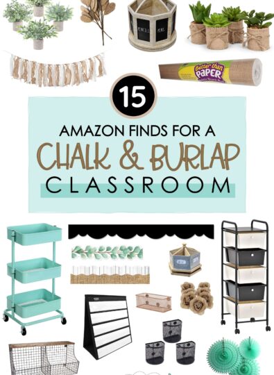 turquoise, black and burlap classroom decor on Amazon