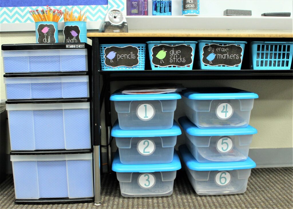 blue and turquoise classroom storage bins
