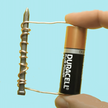 Electromagnet made from a battery, wire,, and small nail