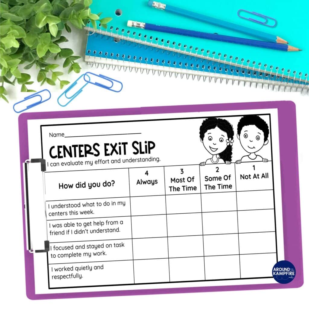literacy centers exit slip on clip board
