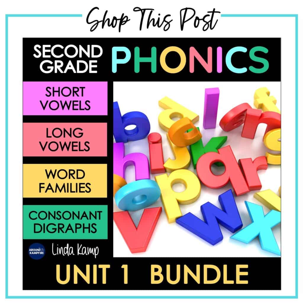 Second grade short and long vowels, word families, and consonant digraphs phonics activities bundle