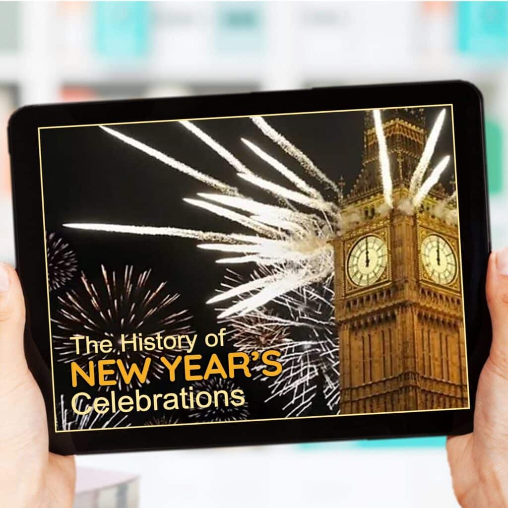 the history of New Year's celebrations Powerpoint lesson on a tablet for elementary kids