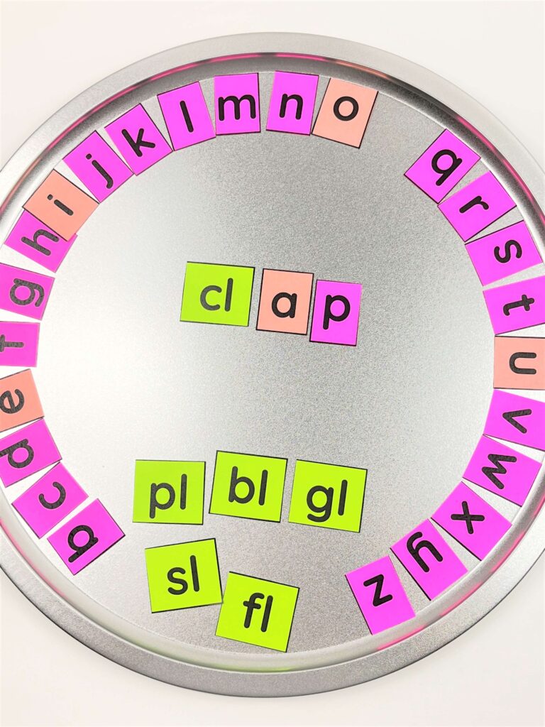 Pizza pan with DIY magnetic letter tile phonics manipulatives for making words with beginning blends.