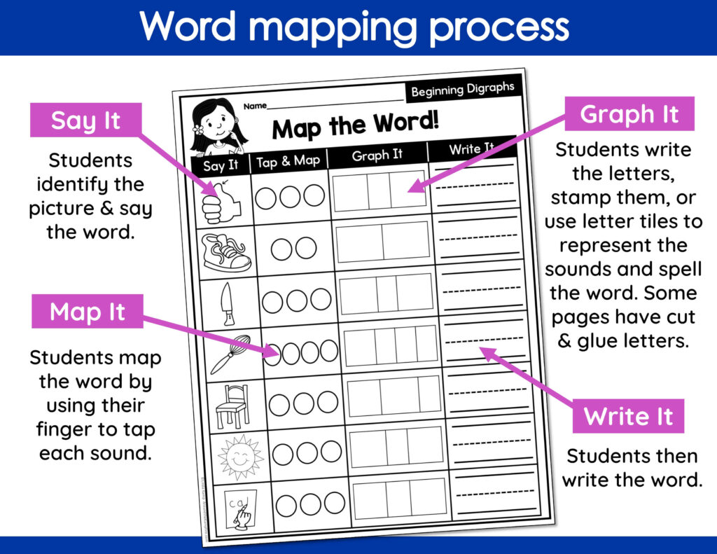 Steps to teaching the word mapping process in phonics.
