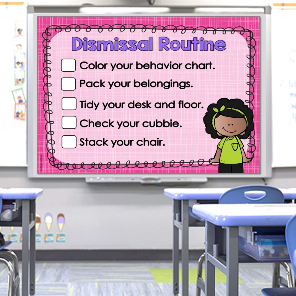 PowerPoint slide on white board with classroom dismissal routine for students to follow
