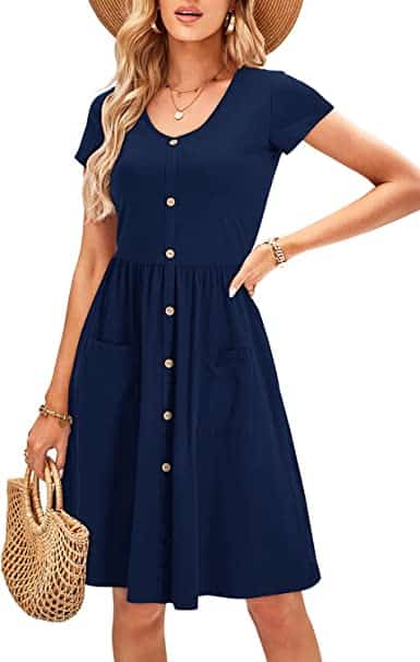 OUGES Womens V Neck Button Down Skater Dress with Pockets