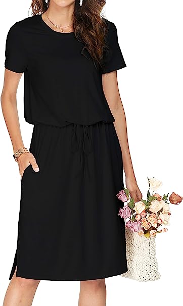 Simier Fariry Womens Hide Belly Work Casual Midi Dresses with Pockets