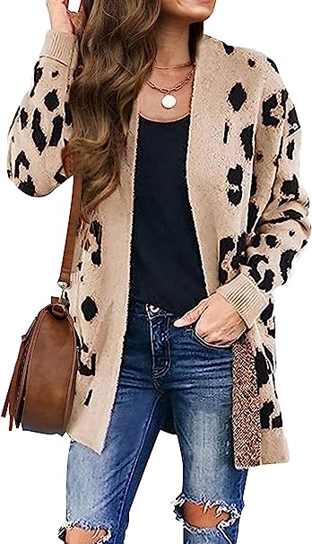 ZESICA Womens Long Sleeves Open Front Leopard Print Knitted Sweater Cardigan Coat Outwear