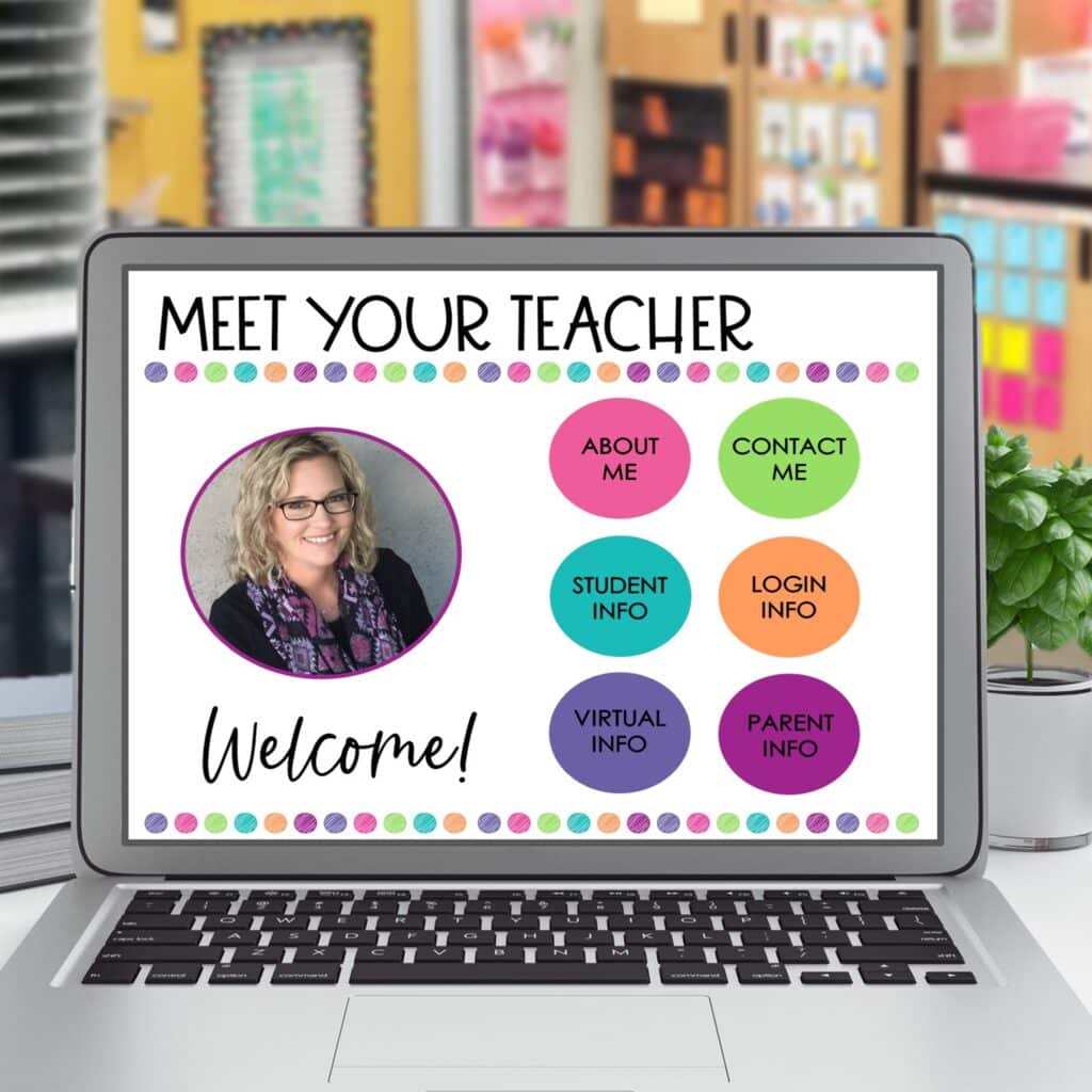 Meet Your Teacher PowerPoint template on a laptop for back to school night open house