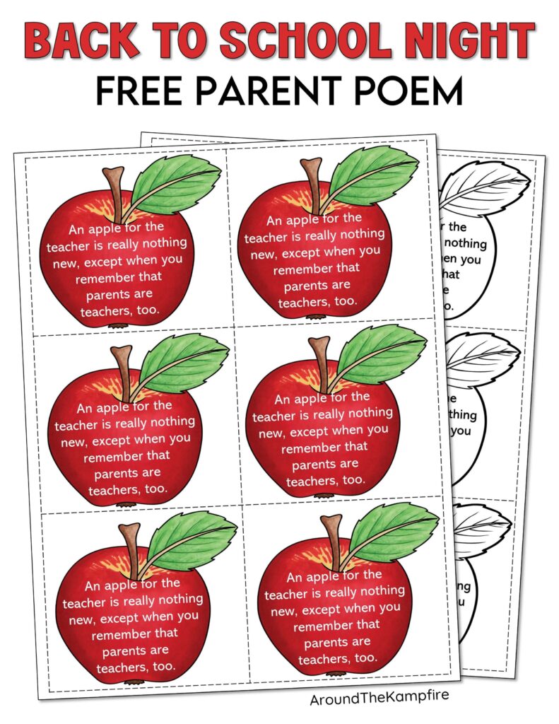 Parent Poem on apple card for Back to School Night