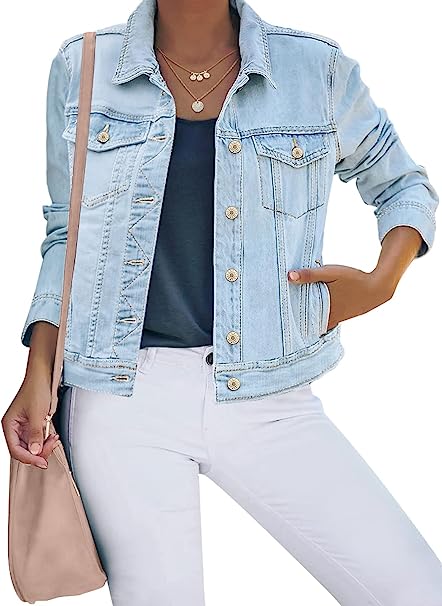 luvamia Womens Basic Button Down Stretch Fitted Long Sleeves Denim Jean Jacket
