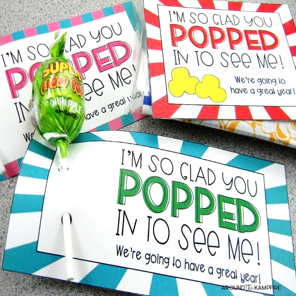 Back to School Night student gift tags with "I'm so glad you popped in to see me" on a bag of microwave popcorn