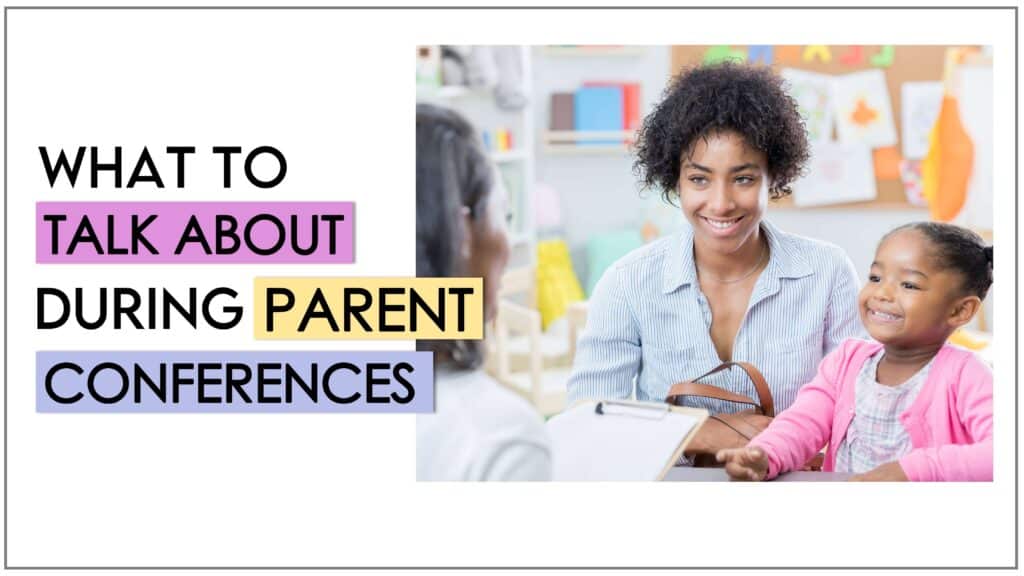 parent at a conference in an article about what to talk about at parent teacher conferences